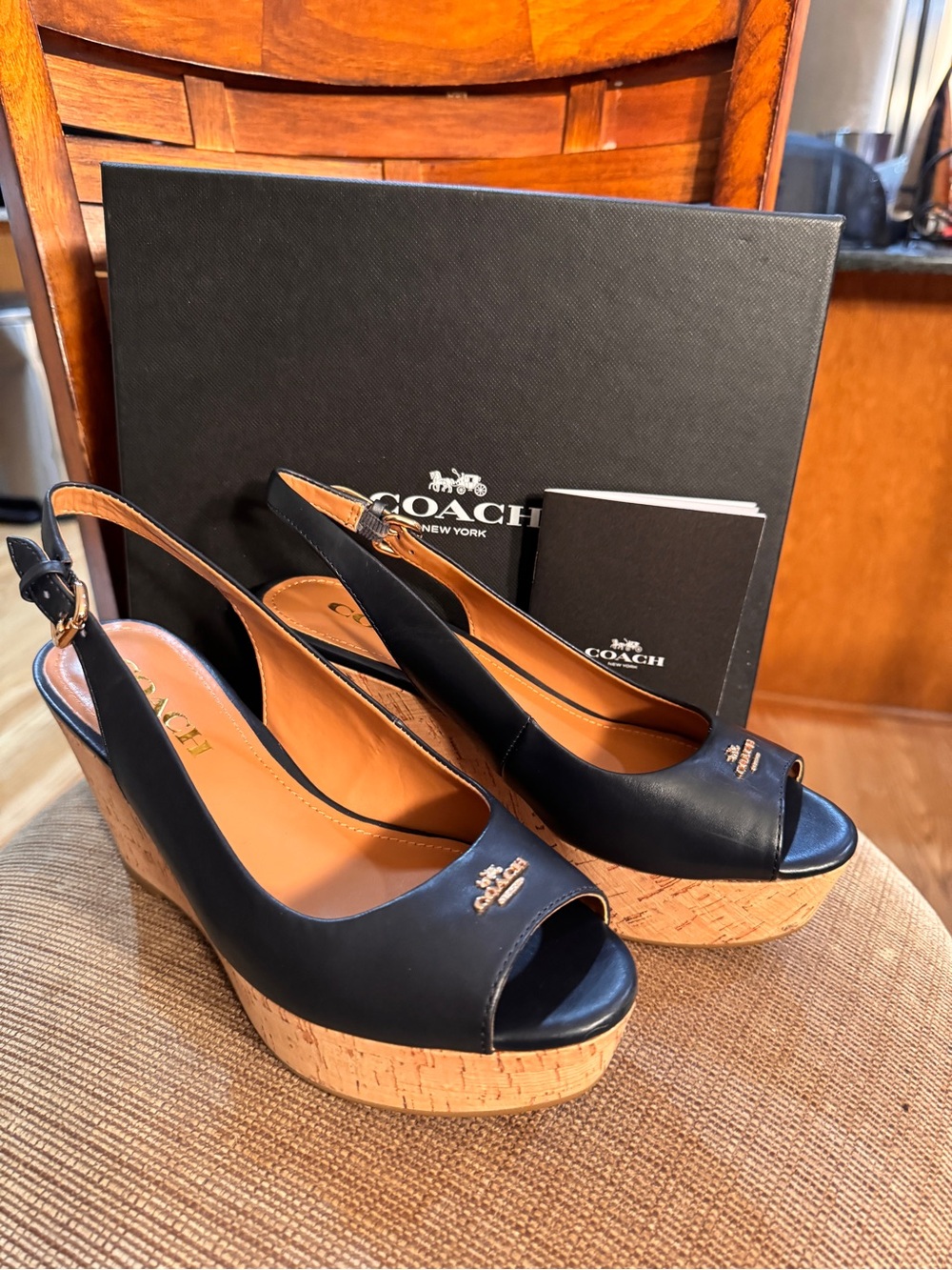Coach Navy Leather Cork Wedge Slingback Sandals